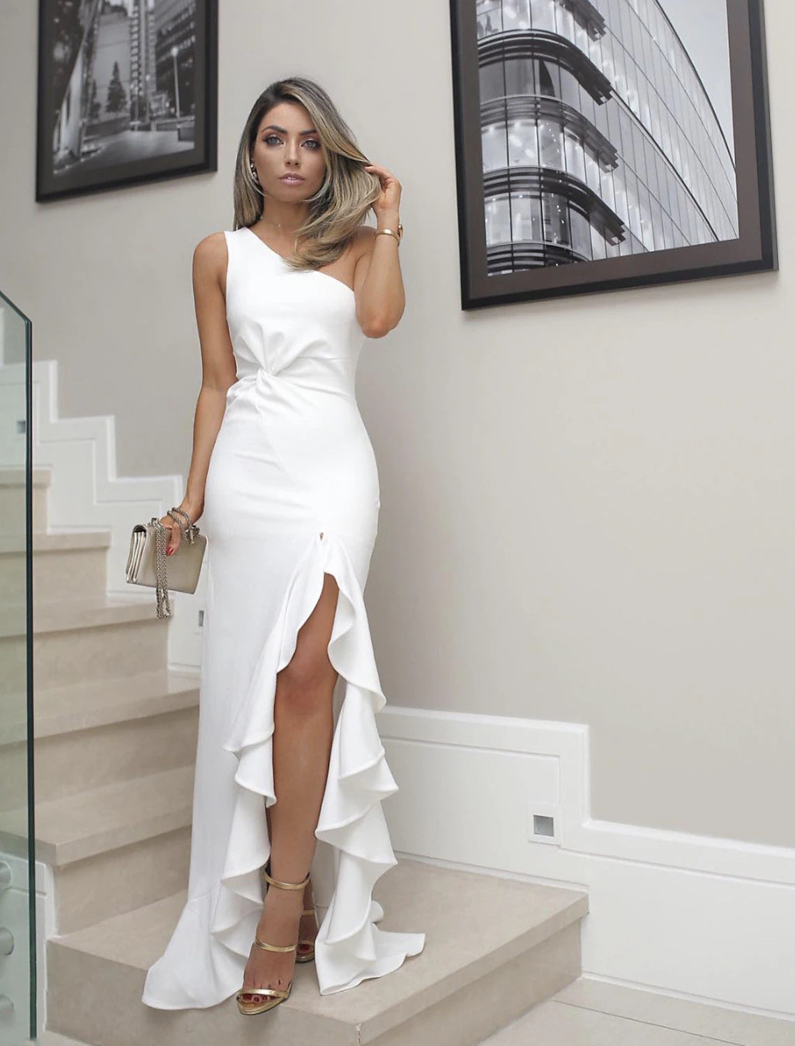 Meerjungfrau/Trompete, elegantes Abschlussballkleid, formelles Abendkleid, Geburtstagskleid, eine Schulter, ärmellos, asymmetrisch, Spitze mit Falten, Applikationen, geteilte Vorderseite